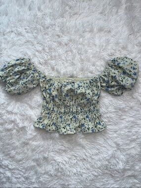 Abercrombie & Fitch Cream Puff-Sleeve Smocked Floral Top with Blue Print
